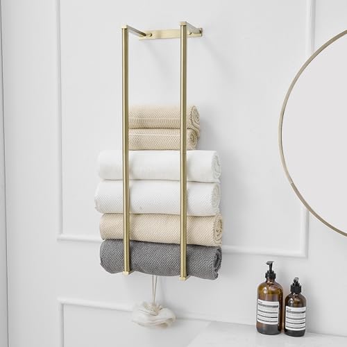 BWE Brushed Gold Towel Racks for Bathroom, 28" Stainless Steel Bathroom Towel Holder for Rolled Towels, Wall Mounted Towel Storage for Bathroom with 2 Hooks, 6 Large Bath Towels Capacity - color: Brushed Gold, size: 28.5 inch