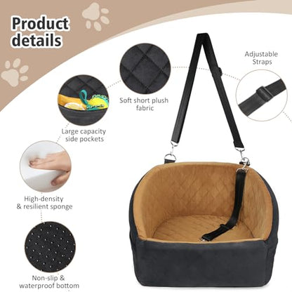 NEEZUKAR Dog Car Seat for Small Medium Dogs,Detachable Washable Dog Booster Seat Under 30lbs, Pet Car Seat Travel Bed with Storage Pockets and Dog Safety Belt(Black/Brown) - color: Black/brown