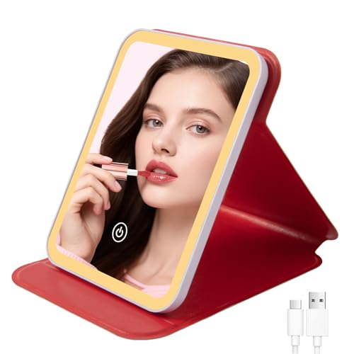 Travel Mirror with Light 3 Colors Dimmable Rechargeable 1500mAh Battery Last for 4~6 Hours fit for Birthday for Women (Red) - color: Red