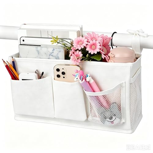 Lilithye Bedside Caddy Bedside Organizer Bedside Storage Caddy with Fixed Straps and Water Bottle Holder for Home College Dorm Bunk Bed Hospital Bed Crib Bed Rails (New White-1) - color: New White-1