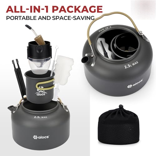 Alocs 2.3L Camping Coffee Pot Outdoor Coffee Maker Set, Hard Anodized Aluminum Camping Kettle with Pour Over Coffee Kit, 12oz Mug & Precision Spout, Portable Backpacking Gear for Campfire & Gas Stove
