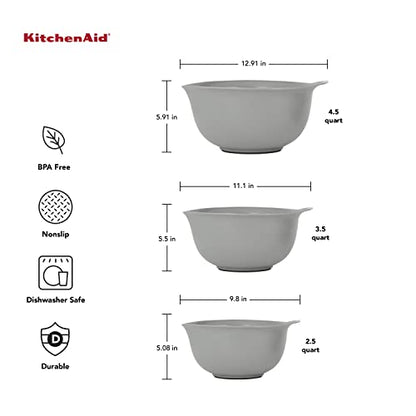 KitchenAid Universal Nesting Plastic Mixing Bowls, Set Of 3, 2.5 quart, 3.5 quart, 4.5 quart, Non Slip Base with Easy Pour Spout to Reduce Mess, Dishwasher Safe, Gray - color: Gray, size: Set of 3