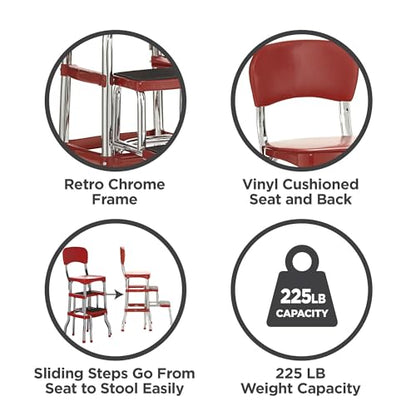 COSCO Stylaire Retro Chair + 2-Step Step Stool with Pull-Out Steps, 7 Ft. 11in Max Reach, 200 lb Weight Capacity, Steel and Vinyl (Red, one pack) - color: Red