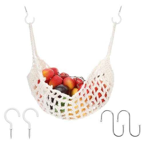 Hanging Fruit Hammock Under Cabinet Macrame Basket for Kitchen with Hooks Hand-Woven Boho Fruit Holder Net Organization Banana Basket for Home Dining Room Cabinet Decor Boat Camper Rv - color: White