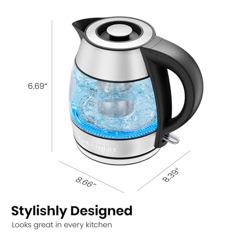 CHEFMAN Electric Kettle - 1.2L 1500W Hot Water Tea Pot with Infuser, BPA Free, Auto Shut Off, Boil-Dry Protection, Removable Lid, LED Light, Cordless Glass Electric Tea Kettle – Stainless Steel - size: 1.2 Liter