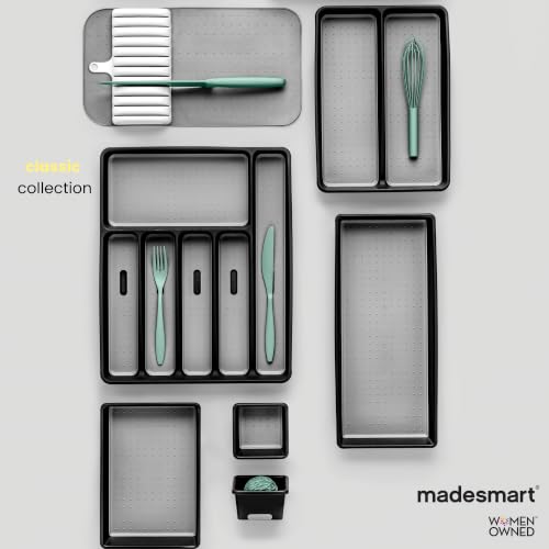 madesmart Classic 13 x 4 Long Storage Bin, Carbon | non slip feet, rounded corners, open compartment, soft grip lining, utensils tools supplies, office craft items, woman owned - size: Medium Narrow