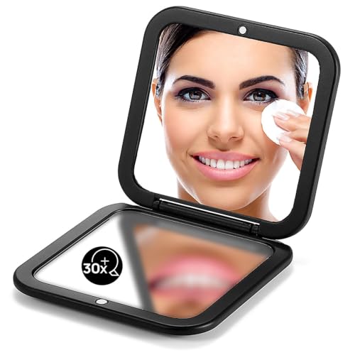 OMIRO Folding Compact Mirror, 1X/30X Magnification 3½” Pocket Size Square Hand Mirror for Travel Makeup (Black) - color: Black-30x