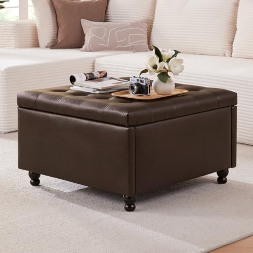 Weture 30 Inch Large Square Storage Ottoman Coffee Table, Oversized Square Ottoman with Storage, Tufted Upholstered Coffee Tables for Living Room (Leather, Brown) - color: Brown