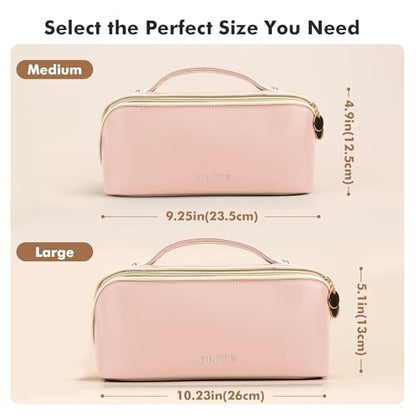 Prite Makeup Bag for Women Travel Waterproof Vegan Leather Cosmetic Bag Open Flat Toiletry Bag With Clear Divider and Handle (Pink, Large) - color: Pink, size: Large