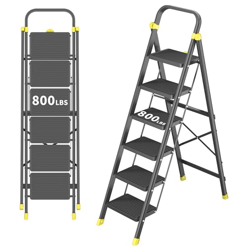 DIAMONDFORGE 6-Step Foldable Step Stool Ladder with Handle, Anti-Slip Pedals & Feet, 800lbs Capacity for Home Kitchen Adults, Black Yellow - color: Black and Yellow, size: 6 Step