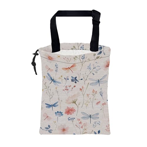 Car Garbage Bag Watercolor Flowers and Dragonflies Hanging Canvas Car Trash Bag Drawstring Car Back Seat Organizer for Car Back Front Seat Console with Adjustable Buckle - color: Watercolor Flowers and Dragonflies