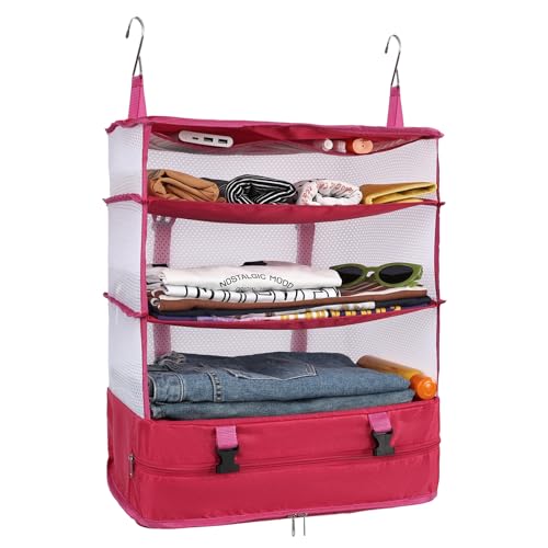 Surblue Hanging 3-Shelf Closet Organizer Pocket Collapsible Washable Oxford Fabric with 2 Hooks (XL 17.71 * 11.81 * 20in, Rose) - color: Rose, size: XL 17.71*11.81*20in