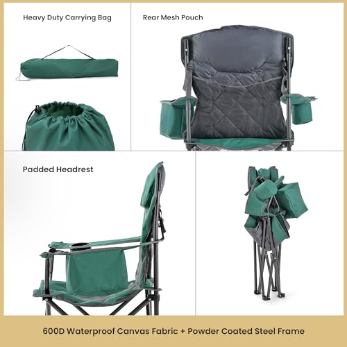 ARROWHEAD OUTDOOR Deluxe Folding Camp Chair – 550lb Capacity Heavy-Duty Quad Chair with Integrated Cooler, Headrest, and Dual Cup Holders. - color: Emerald
