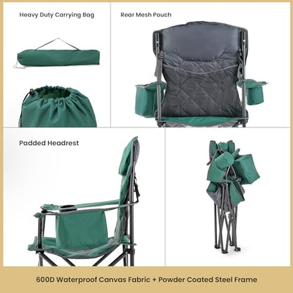 ARROWHEAD OUTDOOR 2-Pack Portable Deluxe Folding Camp Quad Chair w/Headrest, Glass & Cup Holders, Armest 6-can Cooler, Heavy Duty Carry Bag, 550 lbs Weight Capacity - color: Green 2pack