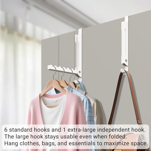 2-Pack Over The Door Hooks, 7-Hook Metal Door Hanger Clothes Drying Rack, Foldable Portable Space Saving, Extra Large Hook for Clothes Coat Bag - Bedroom Laundry Room Travel, White - size: 2 Pack