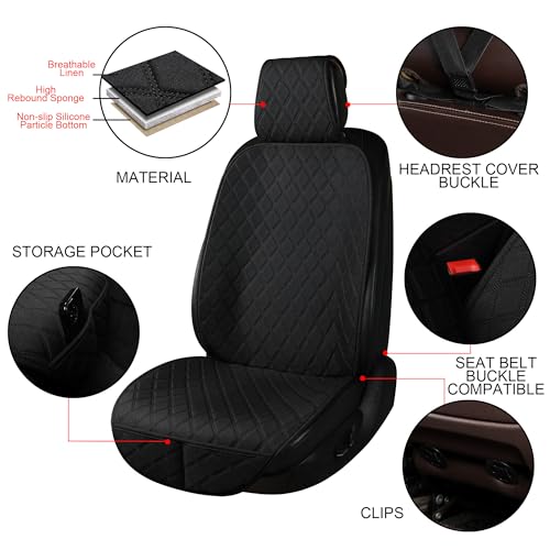 ENOGE Linen Car Seat Cover, Front Car Seat Covers, Driver Seat Protector with Soft & Breathable Cloth Fabric for All Seasons Universal Fits Most Automotive, Van, SUV, Truck (Black, 1 Front) - color: Linen-Black-3
