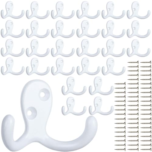 IBosins 28 Pack Heavy Duty Double Prong Coat Hooks Wall Mounted with 56 Screws Retro Double Hooks Utility Hooks for Hanging Coat, Scarf, Bag, Towel, Key, Cap, Cup, Hat - color: 28 Pcs White