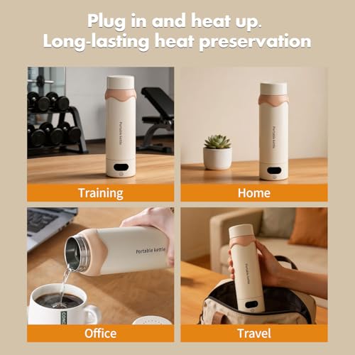 Insulated Stainless Steel Electric Kettle Small, Smart Water Bottle with 4 temperature control, Leak-Proof, Mini Travel Essentials Portable Office Gifts for Tea Lovers, Cream