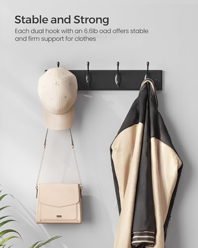 SONGMICS Wall-Mounted Coat Rack, Hook Rack, 4 Dual Metal Hooks, for Coats, Bags, Keys, in The Entryway, Bedroom, Living Room, Black ULHR023B01 - color: Black, size: 1 Pack-4 Hooks