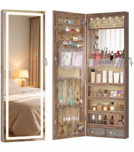LVSOMT LED Mirror Jewelry Cabinet Wall Mounted, Over the Door Jewelry Organizer, Lockable Full Length Mirror with Storage, Hanging Jewelry Armoire for Earrings Necklaces Rings, Gift for Women, Wood - color: Brown-1