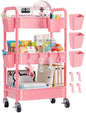3 Tier Rolling Cart with Wheels, Metal Utility Storage Cart on Wheels, Craft Carts Organizer with Hanging Cups, Hooks, Three Tiered Rolling Carts for Bathroom, Laundry Room, Nursery, Office, Pink - color: Pink