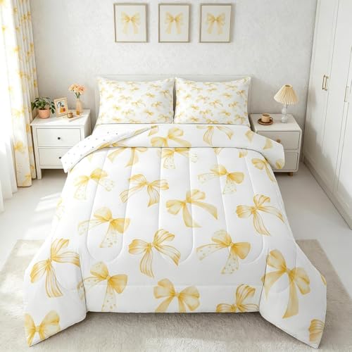 Feelyou Yellow Bow Bedding Set for Kids Boys Girls Queen Size Cute Dreamy Princess Style Comforter Set Ultra Soft Bow Pattern Comforter Yellow Bowknot Duvet Quilt Bedroom Decor Bow Quilt - color: Yellow, size: Queen