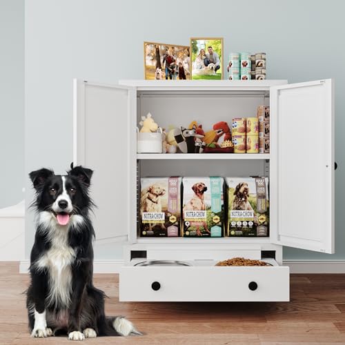Dog Feeding Station with Storage, Metal Dog Food Storage Cabinet with 2 Elevated Bowls and 3 Hooks, Pet Feeding Station and Dogs Food Storage Organizer, White - size: Metal White