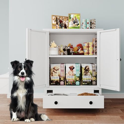 Dog Feeding Station with Storage, Metal Dog Food Storage Cabinet with 2 Elevated Bowls and 3 Hooks, Pet Feeding Station and Dogs Food Storage Organizer, White - size: Metal White