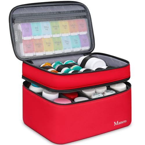 Mancro Dual Layers Medicine Organizer Bag, Pill Bottle Organizer Storage with Lockable Zipper, Medication Travel Bag for Pills, Vitamins, Medical Supplies for Home Storage, Travel - color: Red, size: Standard