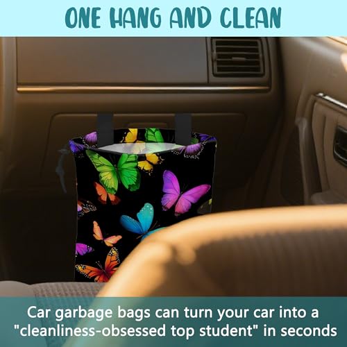 Car Garbage Bag Colorful Butterflies Drawstring Car Trash Bag Hanging for Back Seat with Adjustable Buckle Canvas Vehicle Trash Can Easy-to-Install - color: Colorful Butterflies
