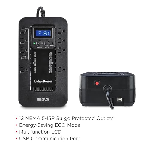 CyberPower EC650LCD Ecologic UPS Battery Backup and Surge Protector, 650VA/390W, 8 Outlets, ECO Mode, Compact, UL Certified - style: 650VA LCD