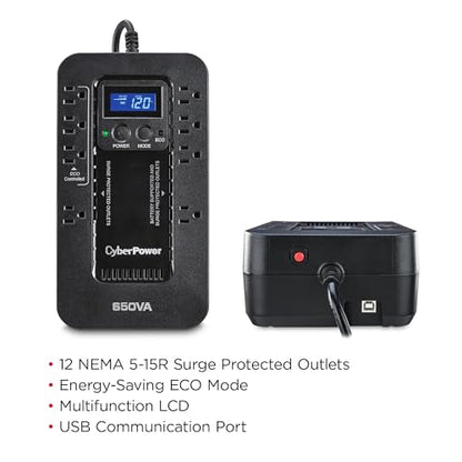 CyberPower EC650LCD Ecologic UPS Battery Backup and Surge Protector, 650VA/390W, 8 Outlets, ECO Mode, Compact, UL Certified - style: 650VA LCD