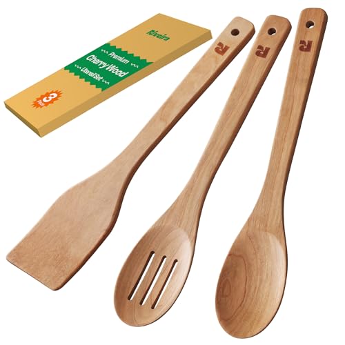 Riveira Cherry Wooden Spoons for Cooking Set of 3 – Natural Cherry Wooden Cooking Utensils, Wooden Spatula, Wooden Spoon - Premium Quality Utensil Set for Non-Toxic Cooking - color: Cherry, size: Set of 3