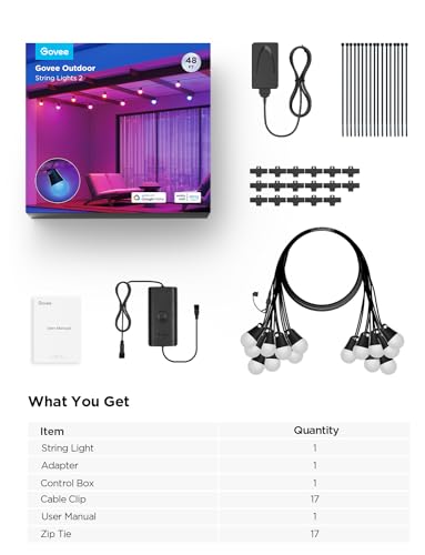 Govee Smart Outdoor String Lights 2, 48ft Outdoor Lights with Dimmable Warm White LED Bulbs, 47 Scene Modes for Patio, Backyard, Balcony, IP65 Waterproof, Works with Alexa, App Control - size: 48ft