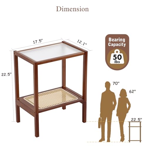 Tiita Rattan Side Table, Mid Century Nightstand, 2-Tier Bamboo Accent Bedside Tables, Glass Coffee Tables, Boho Wooden Narrow End Table with Storage for Small Space, Living Room and Bedroom - color: 2-tier-rattan-brwon