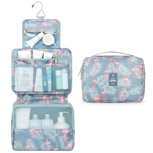Mossio Hanging Toiletry Bag with Sturdy Hook - Large Portable Cosmetic Makeup Travel Organizer for Men & Women - color: Grey Flamingo