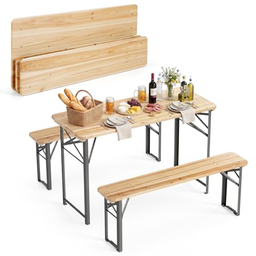 Tangkula 3 Piece Folding Picnic Table with 2 Benches, Foldable Wood Picnic Table Bench Set with Heavy-Duty Metal Frame for 4, Space-Saving Outside Table and Bench Set for Backyard, Patio, Garden