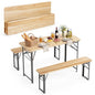 Tangkula 3 Piece Folding Picnic Table with 2 Benches, Foldable Wood Picnic Table Bench Set with Heavy-Duty Metal Frame for 4, Space-Saving Outside Table and Bench Set for Backyard, Patio, Garden