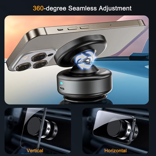 Electric Vacuum Magnetic Phone Holder for Car, Auto-Seal Smart Suction Cup Mount with N55 Magnet, 360° Adjustable Hands-Free Stand for iPhone 17 16 15 14 13 Pro Max, Gym, Mirror, Vlogging - color: Black