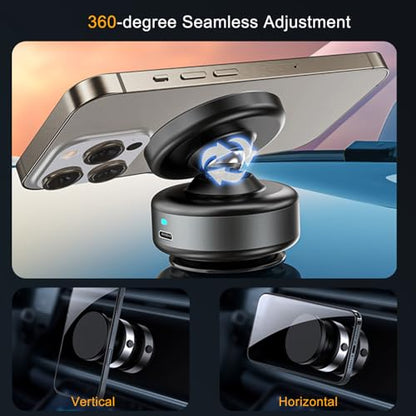 Electric Vacuum Magnetic Phone Holder for Car, Auto-Seal Smart Suction Cup Mount with N55 Magnet, 360° Adjustable Hands-Free Stand for iPhone 17 16 15 14 13 Pro Max, Gym, Mirror, Vlogging - color: Black