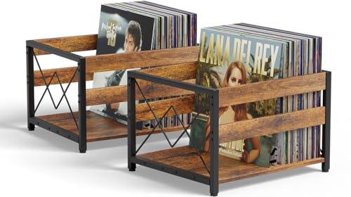 Y&M 2 Packs Vinyl Record Storage Crate, Wooden Storage Box, Classic Cube CD Albums Shelf Holder Organizer, Holds Up to 100+ Records, Magazine Rack for Desktop, Home, Office, Brown - size: Cube Brown Black (2 Pack)