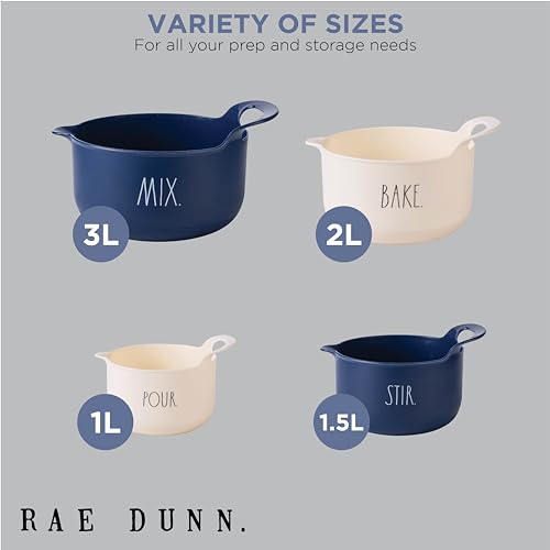 Rae Dunn Non-Slip Mixing Bowls - 4 Piece Nesting Plastic Mixing Bowl Set with Pour Spouts and Handles-Measurement Markings (Cream) - color: Cream
