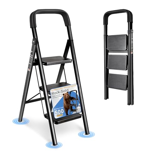 3 Step Ladder Folding Step Stool with Handrail | 500LBS Capacity Sturdy Carbon Steel Frame Anti-Slip Pedal & Feet Portable for Home Kitchen Garage Bathroom (black-3step) - color: Black-handrail, size: 3 step