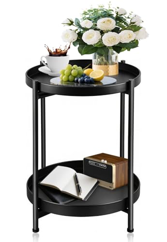 Foldable 2-Tier Round Side Table, Metal End Table with Storage for Indoor Outdoor Use, Small Coffee Table for Living Room, Bedroom, Patio, Black