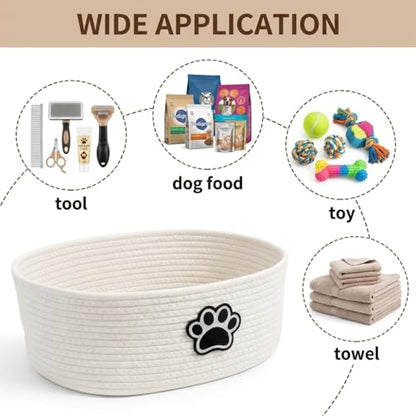 Woven Basket,Dog Toys Basket with Handle,Cute Cotton Gift Baskets Empty for Puppy Leash,Blanket Food, Accessories Pet and Household Storing - color: White
