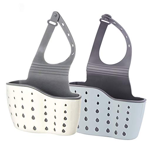 Kitchen Sink Caddy Sponge Holder Silicone Plastic Soap Holder Hanging Ajustable Strap Faucet Caddy with Drain Holes（2 Pack) - color: As Pictured-2 Pack