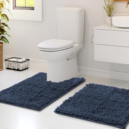 Hearth & Harbor Bathroom Rugs, Chenille Bath Mat - Machine Washable Bath Mats for Bathroom Non-Slip Backing Rubber, Quick Dry Bathroom Mat - Navy Blue 17x24-20x24 - color: Navy Blue, style: 17 x 24 + 20 x 24