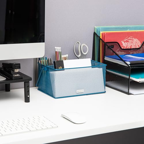 Mind Reader Multi-purpose Storage Caddy with Handle, Desktop Organizer, Cutlery Holder, 4 Compartments, Metal Mesh, Turquoise - color: Turquoise