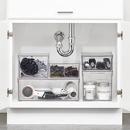 mDesign Plastic Stackable Bathroom Storage with Pull Out Bin Organizer Drawer for Cabinet, Vanity, Shelf, Cupboard, Cabinet, or Closet Organization - Lumiere Collection - Clear - size: 8 x 12 x 8 (Pack of 1)