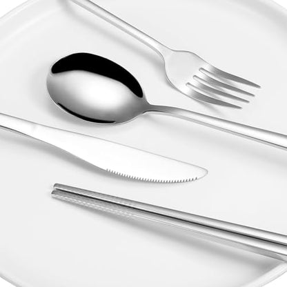 INKULEER Travel Cutlery Set - 18/8 Stainless Steel Reusable Utensils with Metal Case, Portable Silverware for Camping, Office, Travel & Outdoor Dining - color: Silver